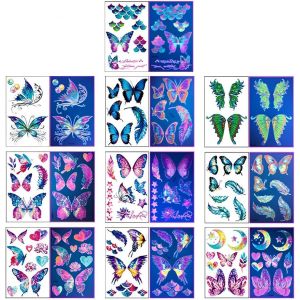 10 Feuilles Tatouage Fluo Reaction À La Lumiere Uv Neon, Tatouage Ephemere Femme Homme Fille Ado Enfant, Tatouage Temporaire Imperméable, Accessoires Party Fluo, (A) - Neuf