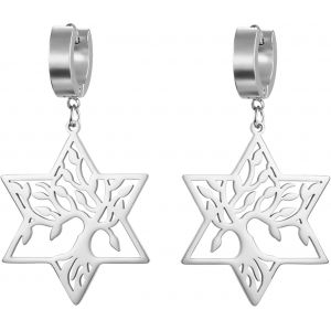 Kal-Boucles D'oreilles Arbre De Vie Avec Hexagramme En Acier Inoxydable Boucles D'oreilles Pendentif Etoile De David Bijoux Spirituels D'inspiration Naturelle Pour Femmes Dames Charmantes - Neuf