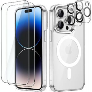 5 En 1 Coque Magn&eacute;tique Pour Iphone 14 Pro 6,1 Pouces Avec Lot De 2 Films De Protection D'&eacute;cran En Verre Tremp&eacute; Et Protecteur D'objectif De Cam&eacute;ra,Compatible Avec Magsafe (Transparente) - Neuf