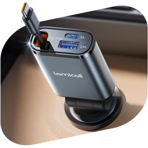 Ongi-3 En 1 Chargeur Allume Cigare Voiture Usb C-[75 Cm Câble Type-C Rétractable] 50w Charge Rapide Chargeur Voiture Avec Usb-C/Usb-A,180° Pliable Prise 12v/24v Pour Iphone,Android - Neuf