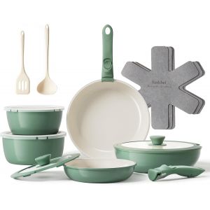 Jexnovashop-Ensemble De 16 Casseroles Et Po&ecirc;les En C&eacute;ramique Antiadh&eacute;sives Avec Poign&eacute;e Amovible, Sans Pfas Pfoa Et Ptfe, Pour Camping-Car, Passe Au Four (Vert) - Neuf