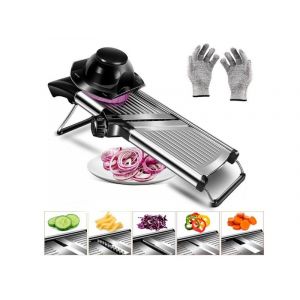 Mandoline r&eacute;glable en acier inoxydable avec poussoir de s&eacute;curit&eacute; et gants r&eacute;sistants aux coupures - Neuf