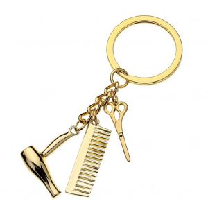 Porte-Cles Tendance, Seche-Cheveux, Peigne, Porte-Cles, Ciseaux, Decoration, Pendentif Dore - Neuf
