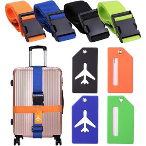 4pcs Sangles De Bagage R&eacute;glables Avec Boucle, Ceinture Valise, &Eacute;tiquettes De Bagage Avec &Eacute;tiquette Nominative Et D'adresse Pour Voyager En Toute S&eacute;curit&eacute; En Avion Bagages Fixes - Neuf