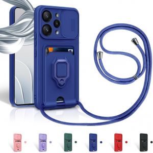 Kal-Cordon De Coque Pour Xiaomi Redmi 12,Couvercle Coulissant De La Caméra+Support Annulaire À 360 Degrés,Fentes Pour Cartes Lanyard Silicone Case -Bleu - Neuf