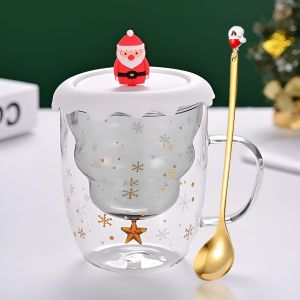 Tasse À Expresso Mignonne-Cadeau De Noël-En Verre À Double Paroi-Avec Couvercle Et Cuillère-Style 14 - Neuf