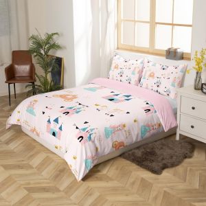 Sjzg-Fille Princesse Housse De Couette 200x200cm Fairy Tale Castle Imprimer Parure De Lit Rose Dream Licorne Ensemble De Literie Enfants Lady Mignon 3 Pièces Literie Set, Microfibre Douce - Neuf