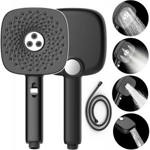 JGD-Pommeau de Douche haute Pression avec Flexible en Acier Inoxydable, Mat&eacute;riau ABS &eacute;paissi,Douchette &agrave; Main avec 4 jets et 3 Vitesses (Noir) - Neuf