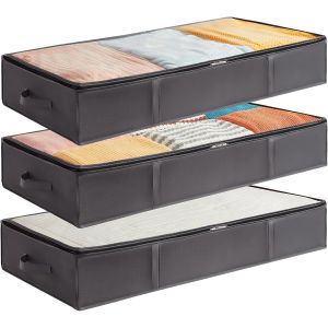 Tianyi-Lot De 3 Sac De Rangement Sous Lit Pliable 75 L, Bacs De Rangement Avec Poign&eacute;e Renforc&eacute;e Pour V&ecirc;tements, Draps, Serviettes, Couvertures, Chambre &Agrave; Coucher, Placard, Dortoir, Gris - Neuf