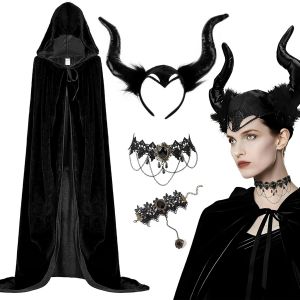 Deguisement Halloween Femme, D&eacute;guisement Haloween M&eacute;chante Reine, Cape Noire &Agrave; Capuche Avec Collier De Dentelle Gothique, Bracelet Et Bandeau En Corne De D&eacute;mon, Pour Halloween, Carnaval, Cosplay - Neuf