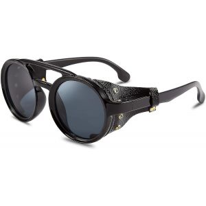Retro Round Steampunk Lunettes De Soleil Femmes Hommes Vintage Eyewear Light Plastic Frame With Leatherwear - Neuf