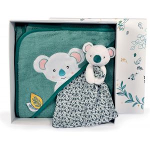TIANYI-DOUDOU ET COMPAGNIE - Cape de Bain Bébé Doudou Koala - en Coton Doux - Collection YOCA Le Koala - Taille 80x80 cm - Teintes Bleu et Vert Apaisantes pour Enfant - Idée Cadeau avec Boite - DC395 - Neuf