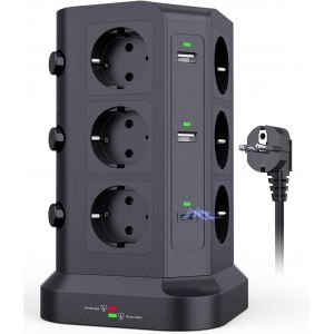 Tour multiprise parafoudre et surtension(4000W/16A), Multiprise Electrique avec 6 Ports USB et 12 Prises, multiprise avec et 3 Interrupteurs, 2M Cordon, Noir - Neuf