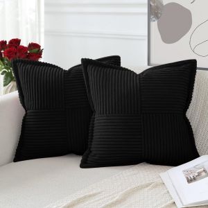Cauc-Lot De 2 Boho Housse De Coussin En Velours C&ocirc;tel&eacute; Crois&eacute; Canap&eacute; Taie D'oreiller En Velours Douce Pour Maison Salon Chambre Decorative Noir 60 X 60 Cm - Neuf