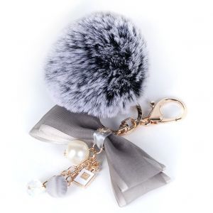 Porte-Cles Tendance En Alliage Avec Noud Papillon Et Boule Pelucheuse, Pendentif En Fausse Perle (Gris Fonce) - Neuf