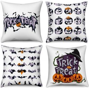 Housse de Coussin Halloween 40x40 Set de 4, Spooky citrouille pleine lune ch&acirc;teau arbre mort chauve-souris d&eacute;coratif Housses de coussin noir orange lin housse de coussin pour canap&eacute; Home Decor - Neuf