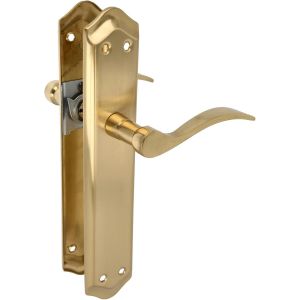 Jeu de poignées avec plaque pour porte | Poignée avec serrure à clé | Mod. BETA PB85 | Acier | 256 x 48 mm | Carré de 8 mm | Laitonné mat - Neuf