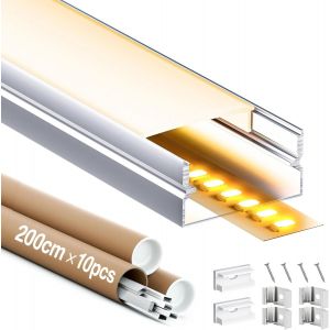 Profil&eacute; Alu Pour Ruban Led 2m 10 Pi&egrave;ces, Profil&eacute; Led Encastrable En Forme De U, Rail Led Avec Diffuseur, Embouts, Clips De Montage, Bandes Led Jusqu'&agrave; 17 Mm (10 * 2m(Total 20m))[Rub9222642] - Neuf
