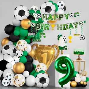 Sjzg-D&eacute;coration D'anniversaire Football Pour Enfants 9 Ans. Ballons De Football 9 Ans. D&eacute;coration Football 9 Ans Avec Troph&eacute;e Dor&eacute; Champion Et Banni&egrave;re Happy Birthday. Lot De 142 Ballons D'anniversai - Neuf