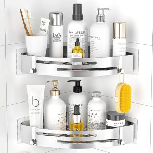 Etagere Douche Sans Percage Angle: Lot de 2 Etagere Salle de Bain Acier Inoxydable,Rangement Douche pour Bouteilles de Shampoing gel,Porte Savon Douche-Argent - Neuf