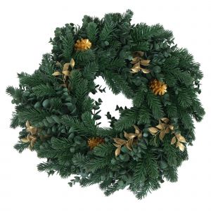 Couronne artificielle HWC-O98, couronne de porte, couronne de table, d&eacute;coration artificielle &Oslash; 45 cmsapin avec pommes de pin dor&eacute;es - Neuf