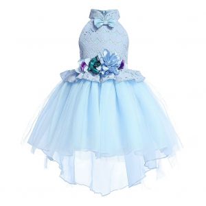 Robe De Princesse Sans Manches Pour Fille, Jupe Extensible En Dentelle Avec Noud Papillon Et Fleurs (Bleu Clair, 110) - Neuf