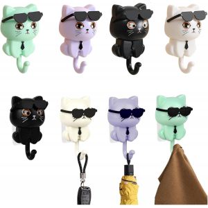 Loc-Lot De 4 Crochets Autocollants Avec Porte-Cl&eacute;s, Lunettes De Soleil, Chat, Porte-Cl&eacute;s, Sans Per&ccedil;age, Cr&eacute;atif, Mignon, Pour La D&eacute;coration De La Maison, Les Amoureux Des Chats - Neuf