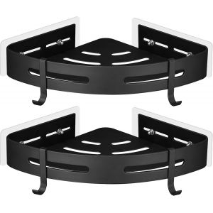 Etag&egrave;re de Douche d'angle sans Per&ccedil;age en M&eacute;tal avec 2 Crochets pour Douche Support Antirouille Autocollant pour Articles de Salle de Bains 2 Pi&egrave;ces (Noir) - Neuf