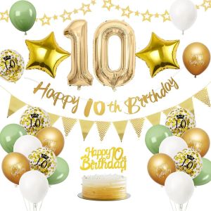 MEVRONISSHOP-Ballon de F&ecirc;te Anniversaire 10 Ans Or et Vert - D&egrave;co et Ballons Inclus - Neuf