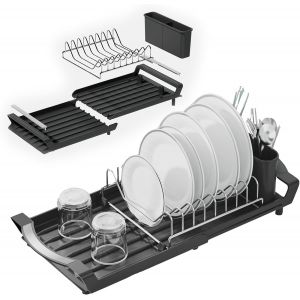 Petit Égouttoir À Vaisselle Extensible, Égouttoir À Vaisselle Avec Porte-Couverts Amovible, Anti-Rouille, Égouttoir Extensible Pour Comptoir De Cuisine, Gris - Neuf