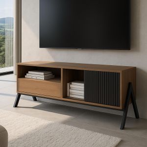 Meuble TV HWC-O40, meuble TV bas, porte coulissante, compartiments de rangement, tiroir, MDF, m&eacute;tal, m&eacute;lamine, 49 x 120 x 40 cmnaturel - Neuf