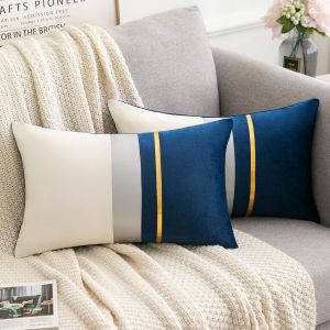 Lot De 2 Housse De Coussin 30x50 Bleu Marine En Velours Patchwork Gold Striped Taie Coussin Canapé Decoration Salon Moderne Taies D'oreiller Pour Maison Salon Chambre À Coucher Jardin - Neuf