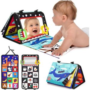 MDY-Jouet Bebe 0-3-6-9-12 Mois - Miroir d'Éveil Pliable avec Jouet de Dentition et Livre Papier froissé Sensoriel - Montessori Noir et Blanc à Motifs Contrastés pour l'Éveil des Bébés - Neuf