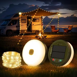 10m Chaîne Lumineuse De Camping Enroulable, Chaîne Lumineuse Led D'extérieur Étanche 4 En 1 Avec 9 Modes D'éclairage, Portable Lampe De Camping Usb Rechargeable Pour Le Camping, La Randonnée - Neuf