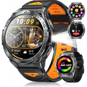 Montre Connectée Homme Avec 600Mah Batterie 1,6"" Amoled Écran/Led Lampe/Appels, 5Atm Étanche 110+ Sportifs Fréquence Cardiaque Sommeil Moniteur Smartwatch Pour Android Ios - Neuf
