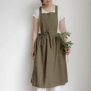 Tablier De Cuisine Long En Coton Plissé Pour Femmes,Avec Poche,Pour La Cuisson,Robe À Dos Croisé,Tablier De Travail Pour Salon De Beauté,Magasin De Manucure.Army Green. - Neuf