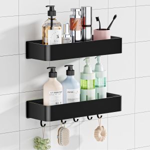 Etagere Douche sans Percage,&Eacute;tag&egrave;re Douche avec Adh&eacute;sif 2Pcs, Rangement Douche avec Crochets,Accessoire Salle de Bain Antirouille&iquest;Noir&iquest; - Neuf