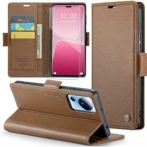 Kal-Coque Pour Xiaomi 13 Lite+ 2 Pi&egrave;ces Verre Tremp&eacute;,Antivol,Prend En Charge Le Chargement Sans Fil, Pochette Fermeture Magn&eacute;tique Flip Case-Marron - Neuf