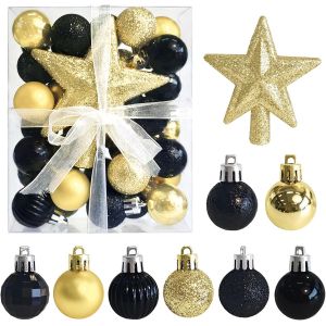 Trahoo-Lot De 30 Mini Boules De No&euml;l Avec Crochet De Suspension - 3 Cm - Noir Et Dor&eacute; - Petites Boules De No&euml;l - Mini Sapin De No&euml;l - D&eacute;coration De Table - Neuf