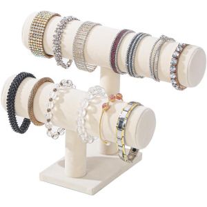 Pr&eacute;sentoir &Agrave; Bijoux &Agrave; 2 Niveaux Pour Bracelets, Colliers, Bracelets, Montres, Tour D'exposition De Bijoux Pour Femmes Et Filles (Velours Beige) - Neuf