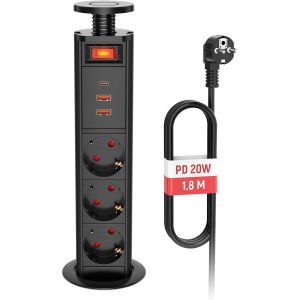 Multiprise Encastrable Bloc Prise Escamotable, Prise Encastrable Plan De Travail 3 Prises Avec Usb C Pd20W Et Interrupteur, Prise De Table Escamotable Pour Cuisine Bureau Noir, 16A, Ø 60Mm Câble 1,8M - Neuf