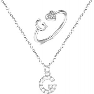 Kal-Collier Initiale Lettre A-Z Collier Avec Lettre En Zircons D'argent Pendentif Bague Ouverte Lettre Initiale Bague Argent Femme Initiaux De Coeur Pour Femme Fille - Neuf