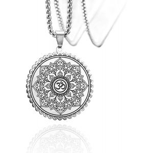 Kal-Collier Fleur De Lotus Pour Homme Et Femme Symbole Om Ohm Pendentif Bouddhiste En Acier Inoxydable Pendentif Mandala Vintage Cadeau Acier Inoxydable, Pas De Gemme - Neuf