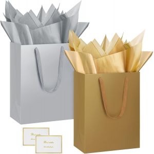 2 Pièces Sac Cadeau, 12.59"" Papier Emballage Cadeau Anniversaire, Vertical Pochette Cadeau Ggrand Format Enfant 32*25*13cm Avec 2 Cartes 2 Mouchoirs Pour Fête D'anniversaire, Mariage Or Gris - Neuf