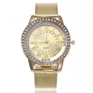 Montre A Quartz Vansvar Avec Bracelet En Maille D'acier Et Strass, Chiffres Romains, Pour Femme (Dore) - Neuf
