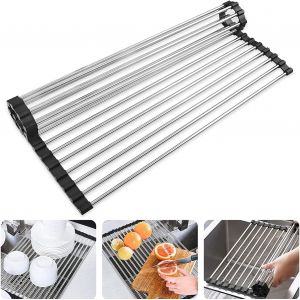 Égouttoir À Vaisselle Pliable En Acier Inoxydable ¿ Égouttoir À Vaisselle Télescopique À Roulettes Pour Fruits, Légumes Et Assiettes, Revêtement En Silicone, 43 Cm X 35 Cm (Noir) - Neuf