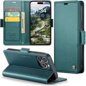 Maa-Coque Pour Iphone 16 Pro Max, Étui Housse En Rfid Protection Premium Pu Cuir Portefeuille Rabat Case Magnétique Stand Antichoc, Étui Case Pour Iphone 16 Pro Max, Bleu Vert - Neuf