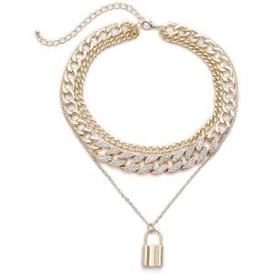 Strass Gourmette Cubain Lien Chaîne Ras De Cou Pour Les Femmes Unisexe Cool Hip Hop Miami Cubain Diamant Taille Chaîne Ras De Cou Collier Serrure Pendentif Doré - Neuf