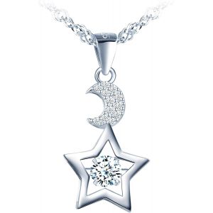 Kales-Argent 925/1000 Lune Et &Eacute;toile Collier Pour Les Femmes Filles,Pendentif &Eacute;toile Avec Oxyde De Zirconium Blanche Bijoux Cadeau Pour Maman &Eacute;pouse Petite Amie - Neuf