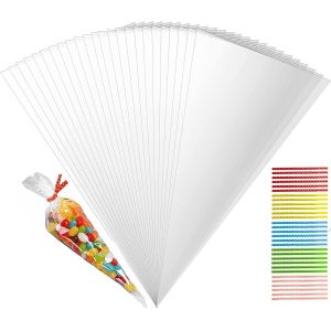 100 pièces Sachets Transparents Bonbons Sacs Cellophane Cône Bonbons Friandises Pochette avec Ruban d'or pour Noël Mariage Partie Bonbons Fête Mariage Petit Cadeau, 30x16cm - Neuf